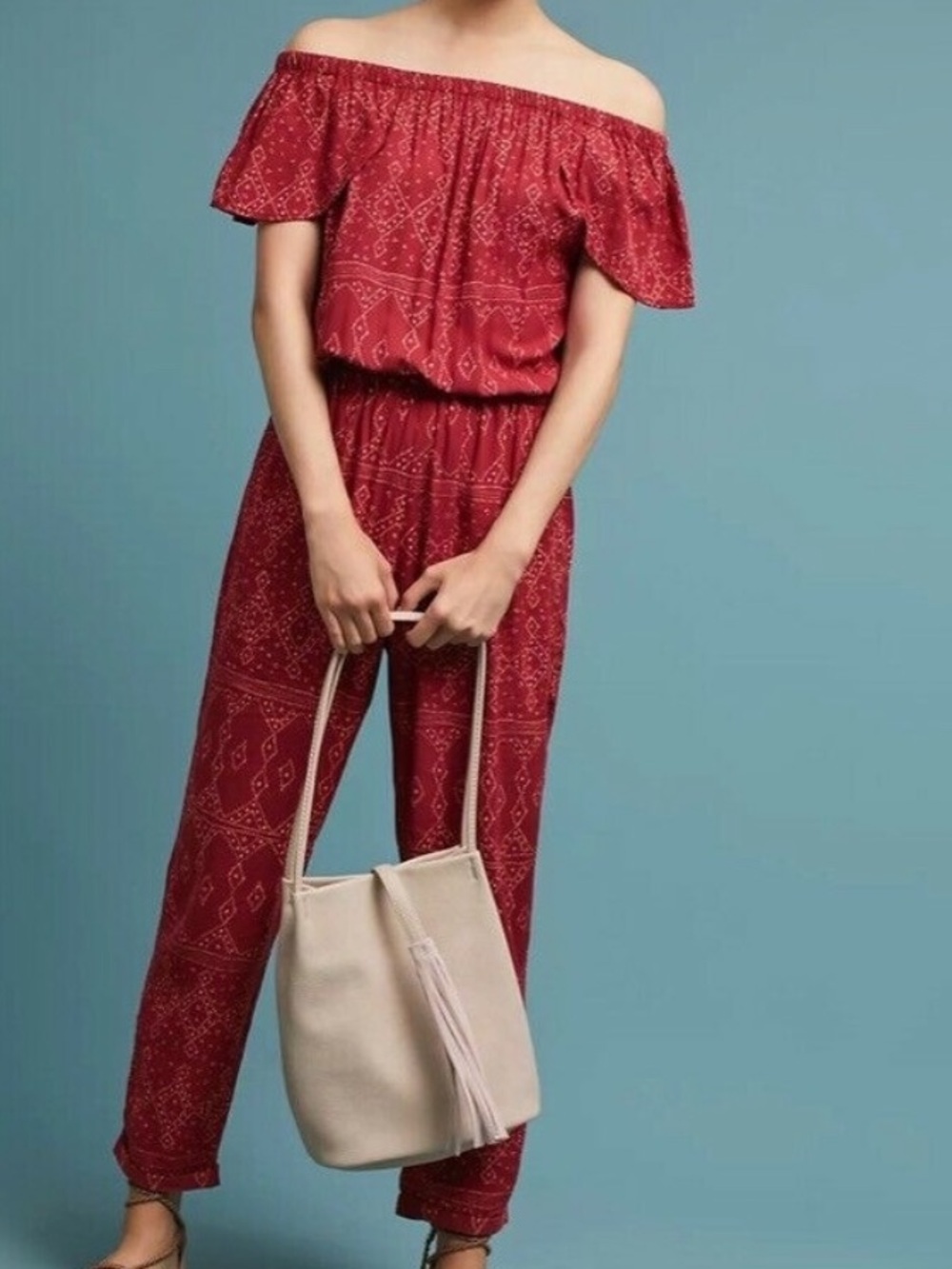 Anthropologie beachgold red bohemian off the shoulder jumpsuit large NWT $128